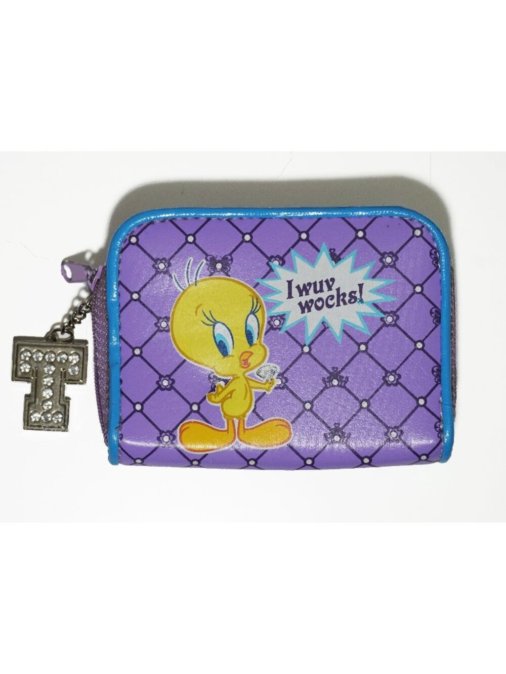 Vintage Tweety Bird Purple Wallet Rhinestone T Charm I Wuv Wocks Diamond Crown